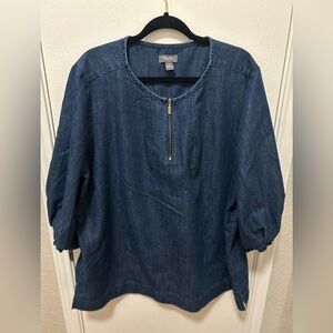 Marth Stewart Woman’s Denim Blouse Zip Neckline 3/4 Sleeve Plus Size 2X